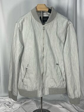 Banana Republic Light Gray Ribbed-Collar Bomber Jacket w/chrome zipper accents